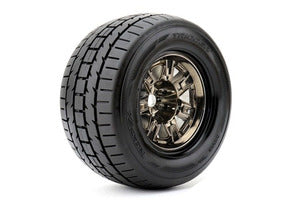 ROAPEX Trigger 1/8 Monster Truck Tires Mounted on Chrome Black Wheels, 1/2" Offset, 17mm Hex (1 pair)