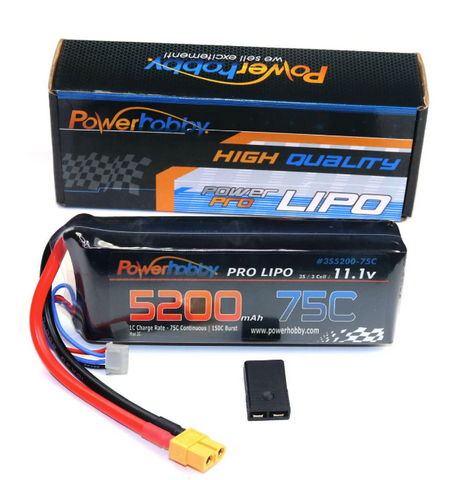 Powerhobby 3s 11.1v 5200mah 75c Lipo Battery w XT60 Plug + Adapter