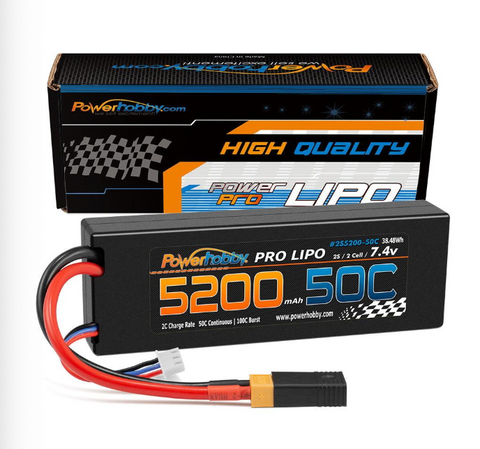 PowerHobby 2S 7.4V 5200mAh 50C Lipo Battery w/ XT60 Plug + Adapter