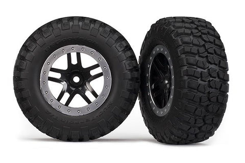 Traxxas SCT Split-Spoke, black, satin chrome beadlock wheels, BFGoodrich® Mud-Terrain™ T/A® KM2 tire, inserts) (2) 4WD f/r, 2WD rear