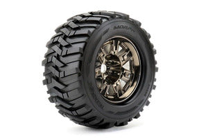 ROAPEX Morph 1/8 Monster Truck Tires Mounted on Chrome Black Wheels, 0" Offset, 17mm Hex (1 pair)