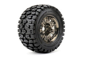 ROAPEX Tracker 1/8 Monster Truck Tires Mounted on Chrome Black Wheels, 0" Offset, 17mm Hex (1 pair)