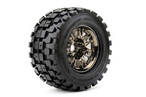 ROAPEX Rythm 1/8 Monster Truck Tires Mounted on Chrome Black Wheels, 0" Offset, 17mm Hex (1 pair)