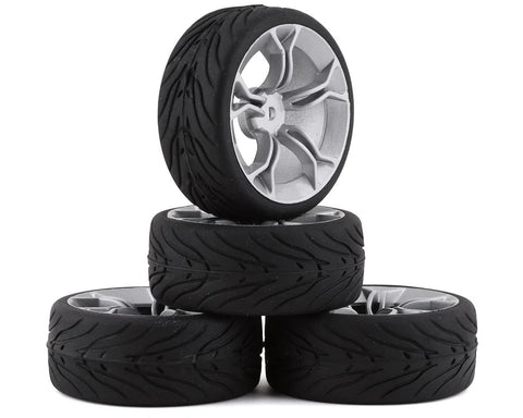 Yeah Racing Spec T Pre-Mounted On-Road Touring Tires w/MS Wheels (Silver) (4) w/12mm Hex & 3mm Offset